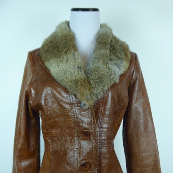 ARDEN B LEATHER brown blazer JACKET removable rabbit fur collar M fitted - Picture 3 of 12